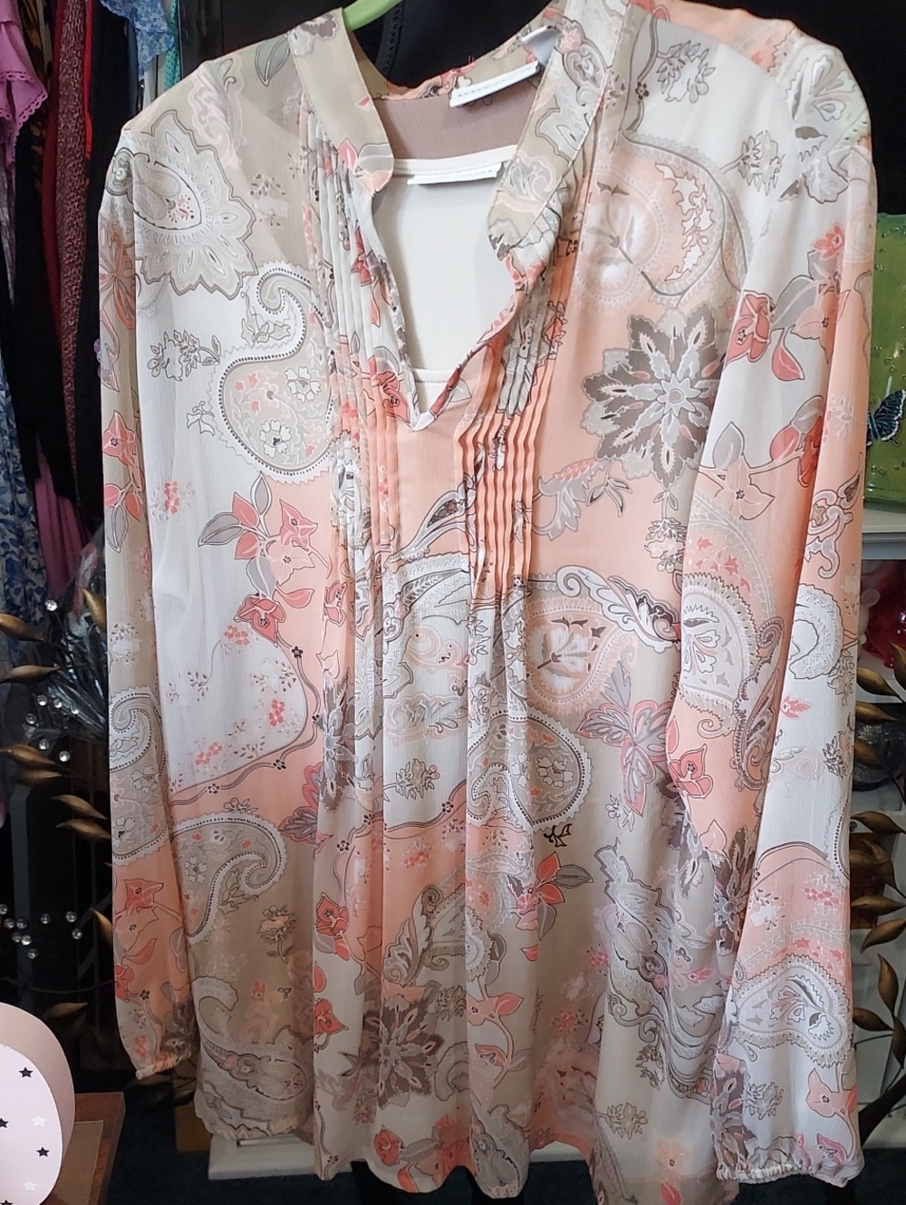 Susan Graver Light Gray, Peach & Light Pink Paisley Pintuck Tunic & Tank set